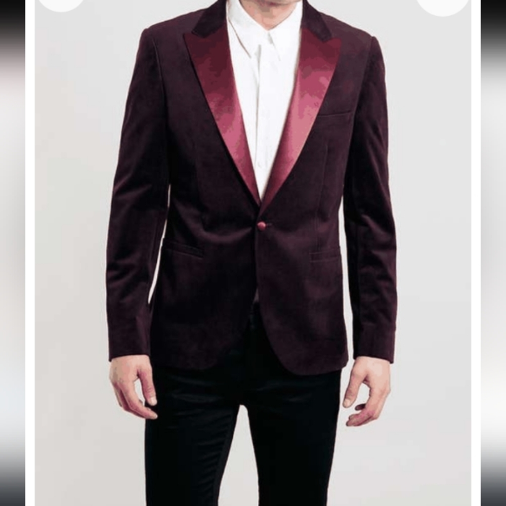 Topmen Velvet Burgundy skinny Suit ,jacket blazer set, tuxedo, party,